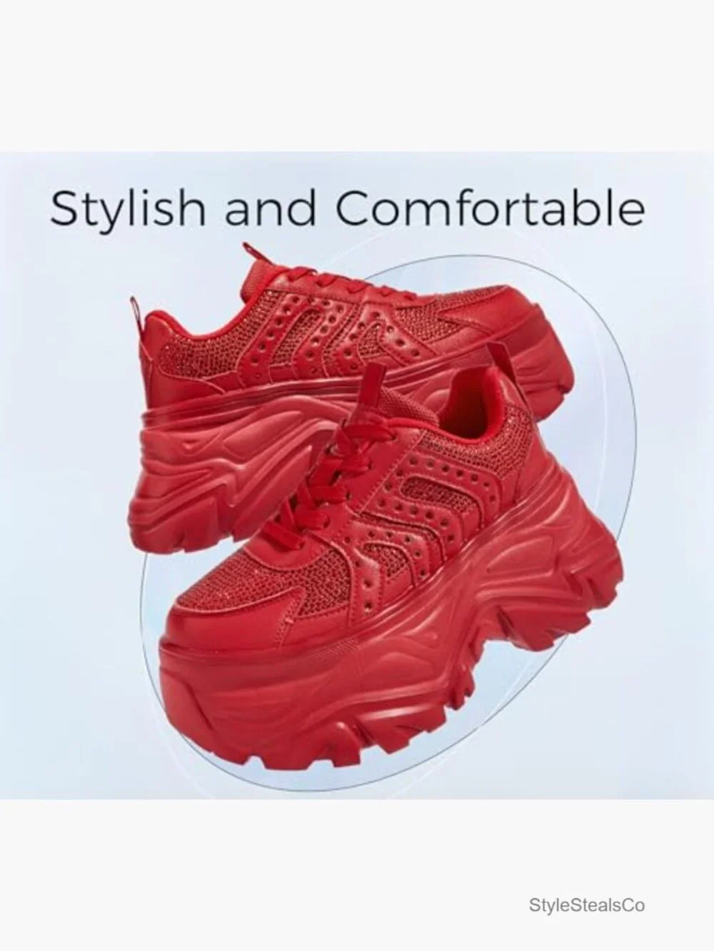 Rhinestone Chunky Platform Sneakers, 3.74 Inch Heel, Lace-Up Walking Shoes - Picture 5 of 7